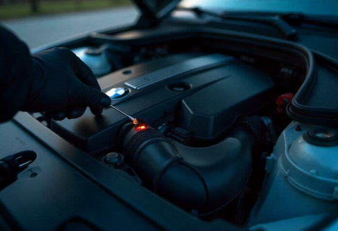 Ölverlust als unterschätzter Risikofaktor für BMW-Motorschäden BMW mit Ölverlust – sichtbare Leckage am Motor und Warnanzeige im Cockpit