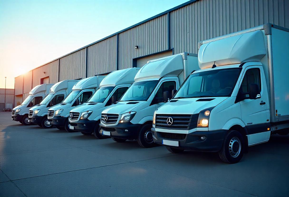 Top 5 Nutzfahrzeuge 2025 im direkten Vergleich auf einem modernen Gewerbeareal – geeignet für Handwerk, Logistik und Bau