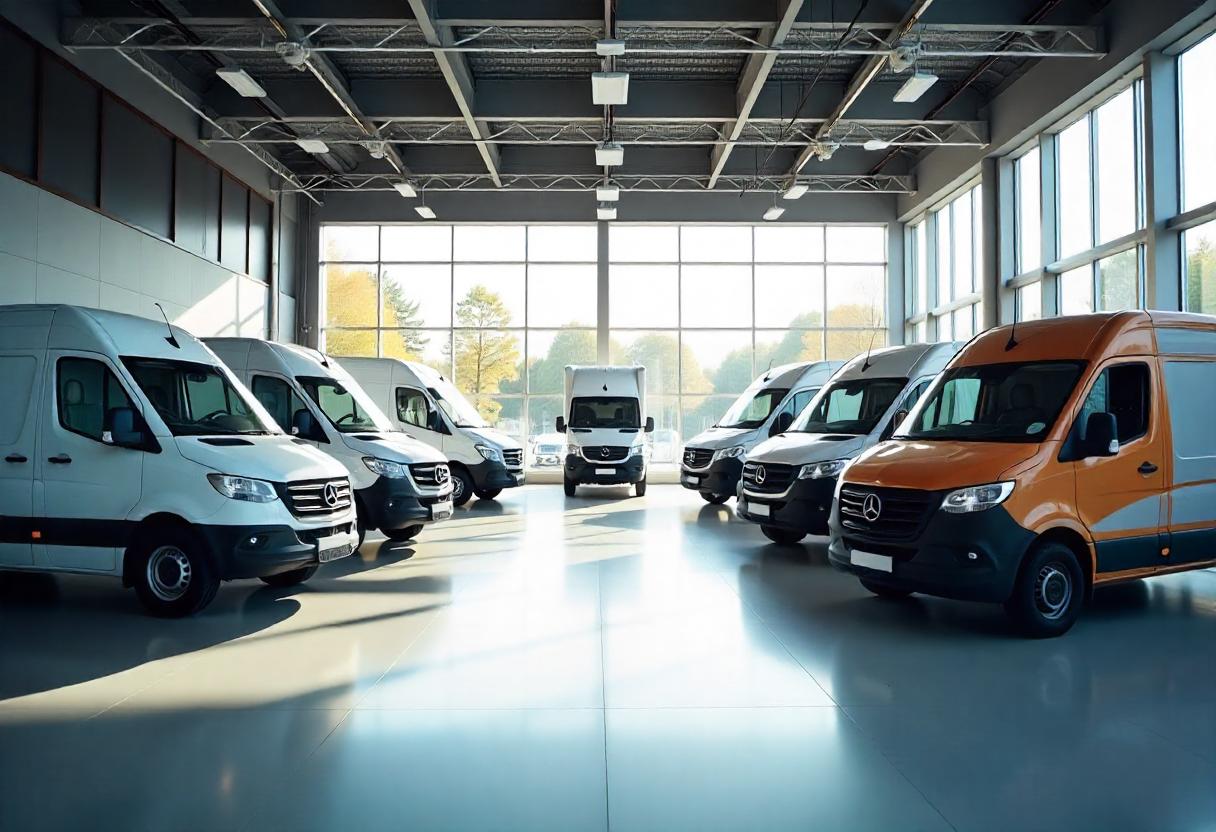 Top 20 Nutzfahrzeuge im Vergleich 2025 – mit Branchenempfehlung im modernen Showroom Showroom mit den Top 20 Nutzfahrzeugen 2025 im direkten Vergleich – von kompakten Lieferwagen bis zu robusten Transportern für Handwerk, Bau und Logistik